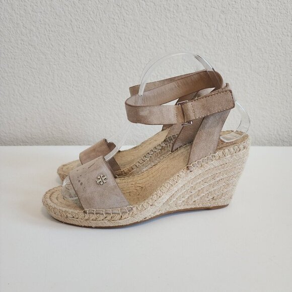 Tory Burch Bima 2 Tan Suede Wedge Jute Espadrille Ankle Strap Sandals Heels 8 - Picture 5 of 12